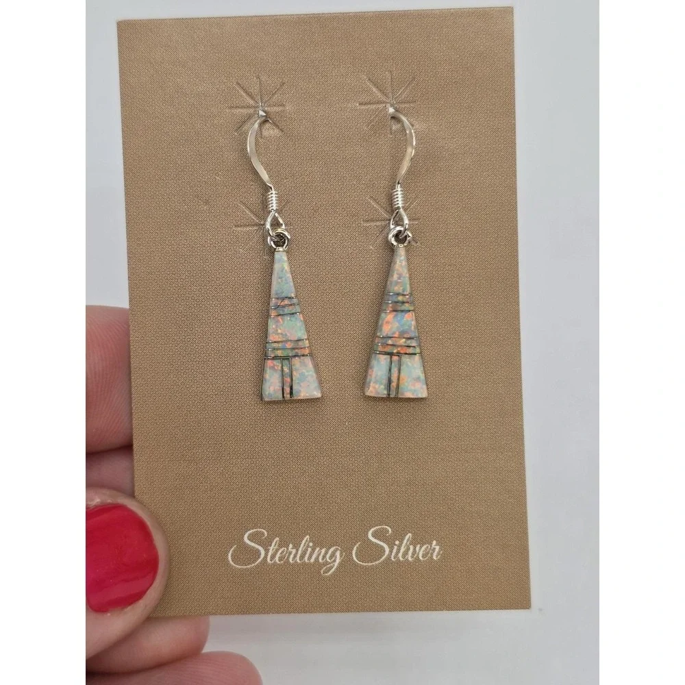 Fire Opal Dangle Earrings Sterling Silver Inlays Triangles Handmade 18.7mm NEW